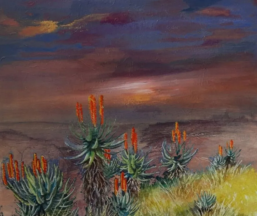 Flowering aloes with flame-orange spikes on a golden hillside at sunset, beneath a moody violet sky.