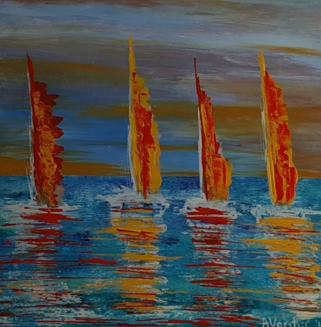 Four tall red-and-gold sails reflected in a rippling blue sea beneath a dusky sky of blues and ochres.