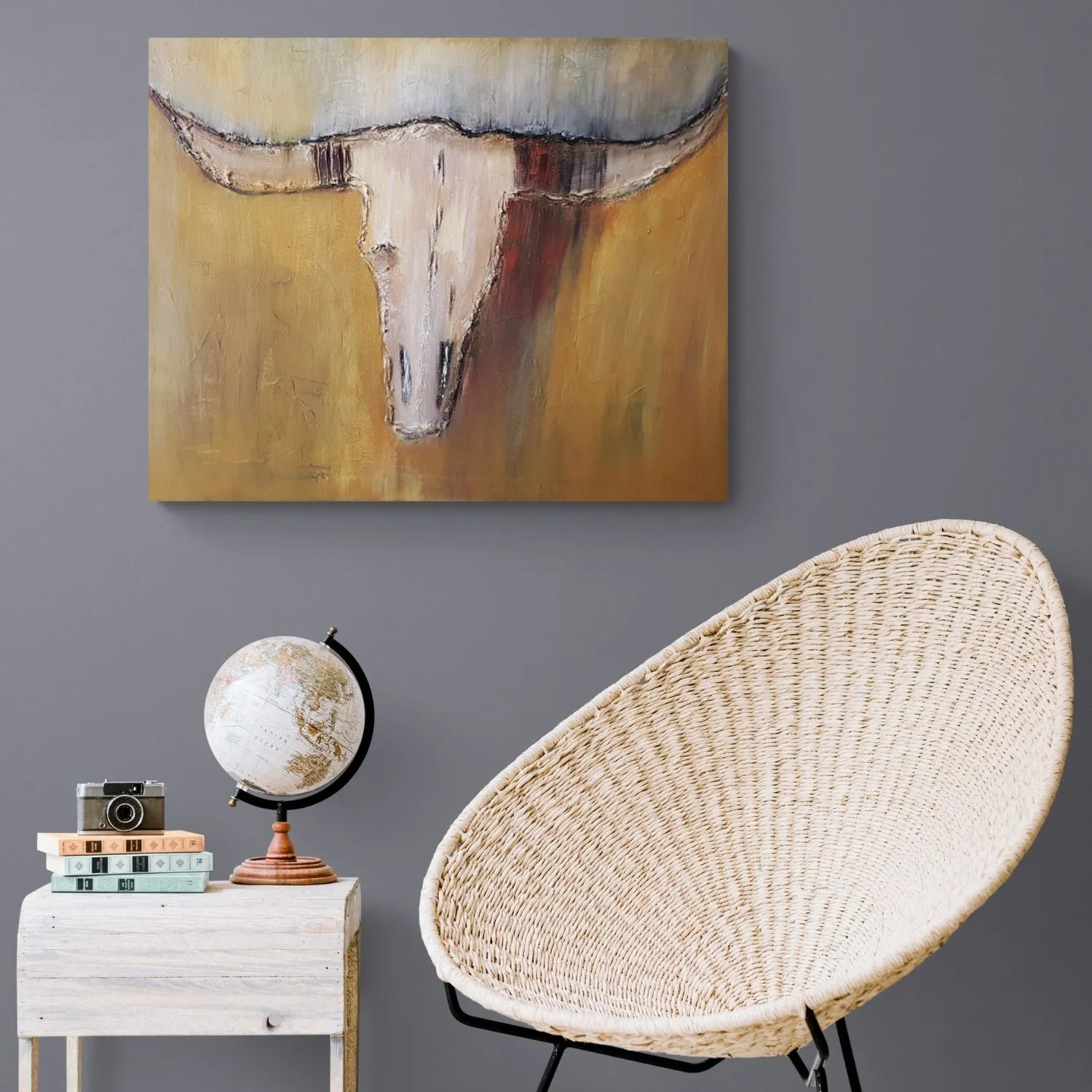 Lonely Bull hanging in a furnished room